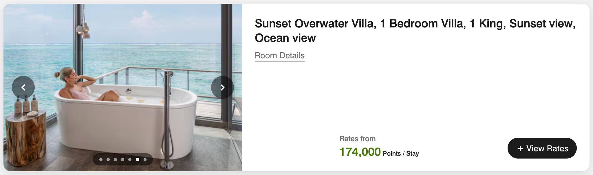 Le Meridien Maldives award redemption for five nights at 174,000 Bonvoy Points total. 